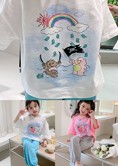 Stylish White O Neck Print Cotton Kids T Shirts Summer