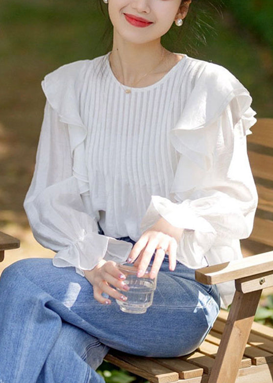 Stylish White O-neck Ruffled Patchwork Chiffon Shirts Spring