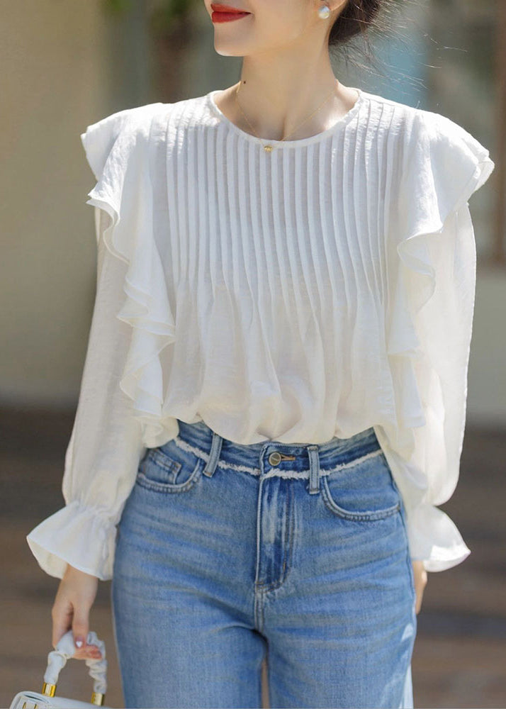 Stylish White O-neck Ruffled Patchwork Chiffon Shirts Spring