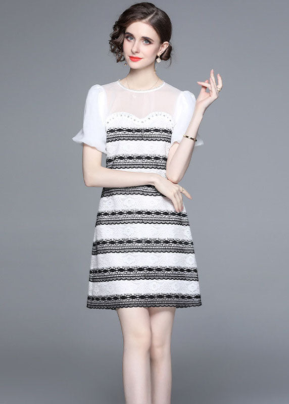 Stylish White O-neck Zircon Tulle Patchwork Lace Mid Dress Summer