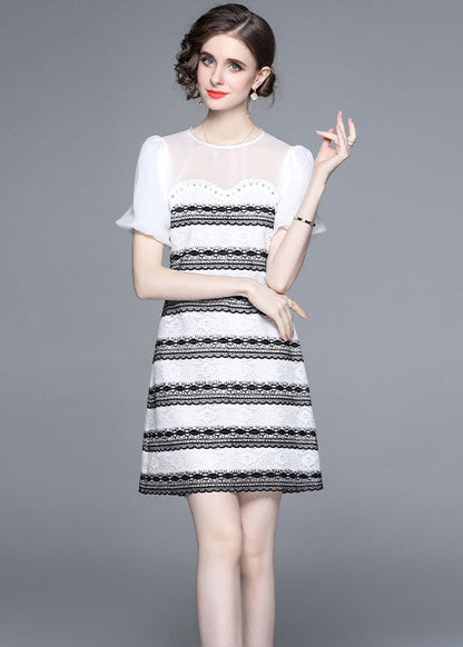 Stylish White O-neck Zircon Tulle Patchwork Lace Mid Dress Summer