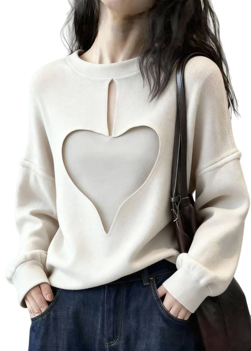 Stylish White Oversized Hollow Out Love Cotton Sweatshirts Top Spring
