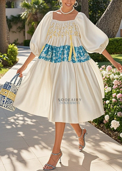 Stylish White Oversized Patchwork Satin Holiday Dress Puff Sleeve