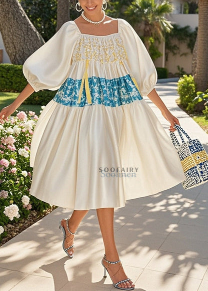 Stylish White Oversized Patchwork Satin Holiday Dress Puff Sleeve