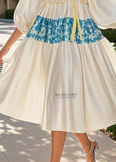 Stylish White Oversized Patchwork Satin Holiday Dress Puff Sleeve