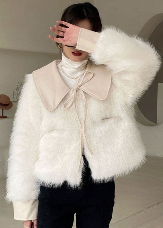 Stylish White Peter Pan Collar Thick Mink Hair Winter Outwear