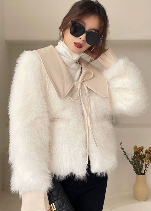 Stylish White Peter Pan Collar Thick Mink Hair Winter Outwear