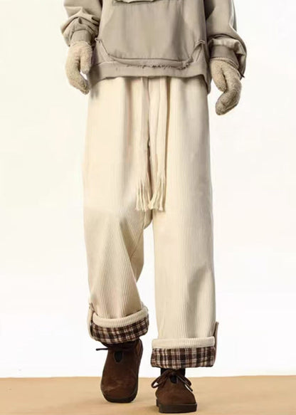 Stylish White Plaid Lace Up Warm Fleece Corduroy Pants Winter