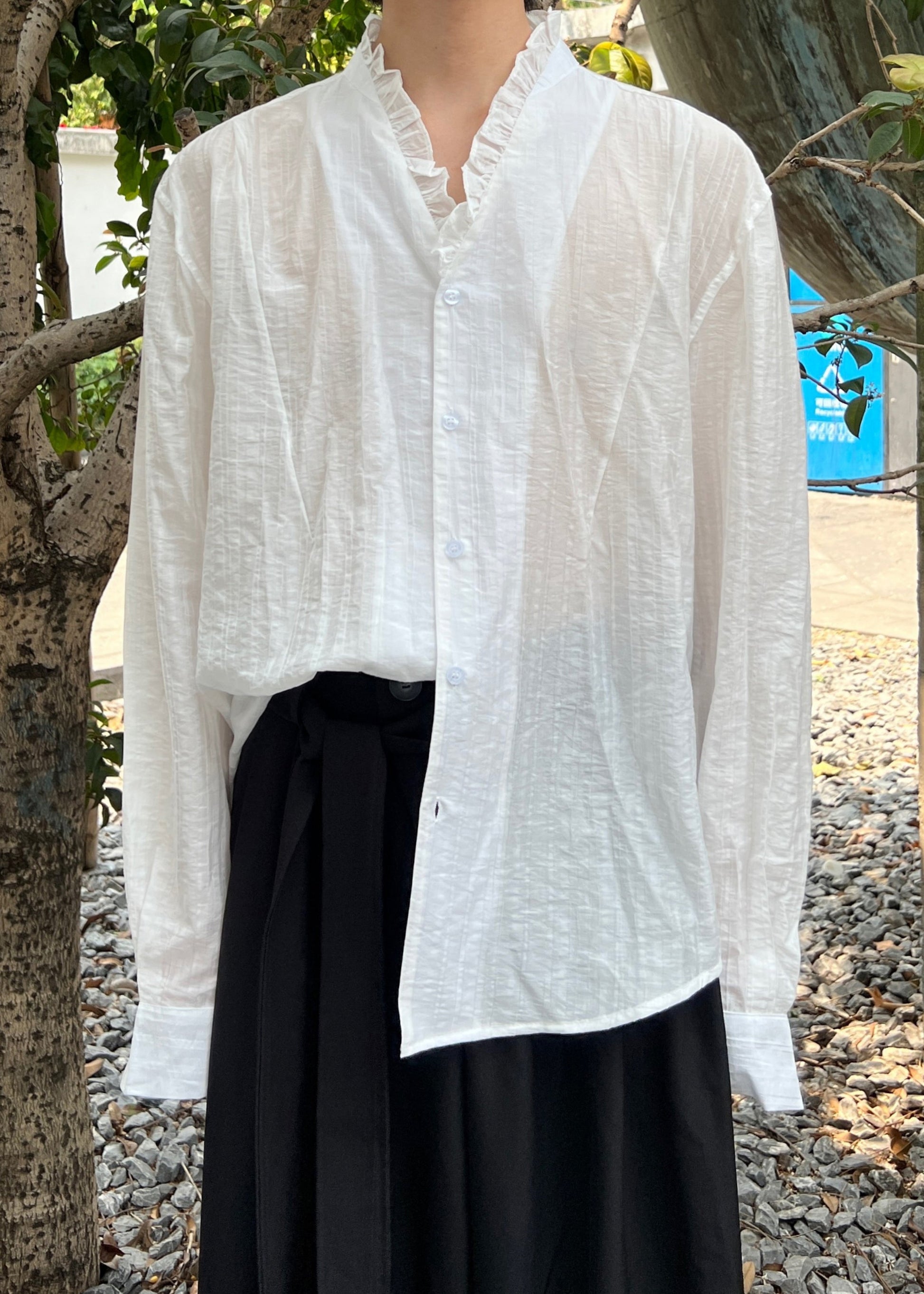 Stylish White Ruffled Button Cotton Men Shirts Fall