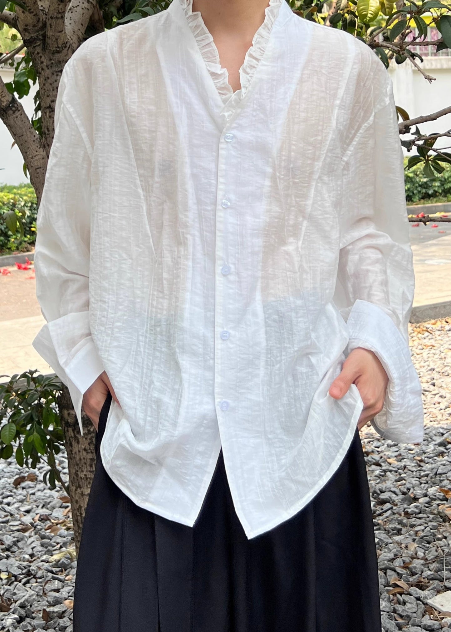 Stylish White Ruffled Button Cotton Men Shirts Fall