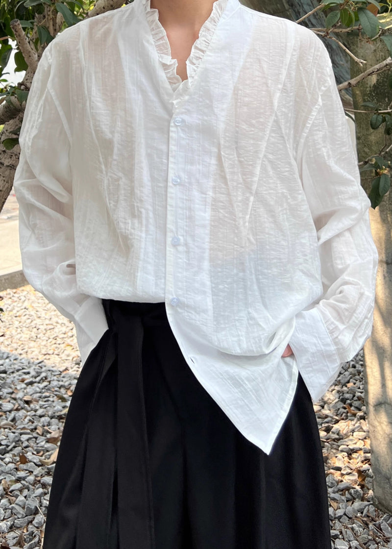 Stylish White Ruffled Button Cotton Shirts Fall