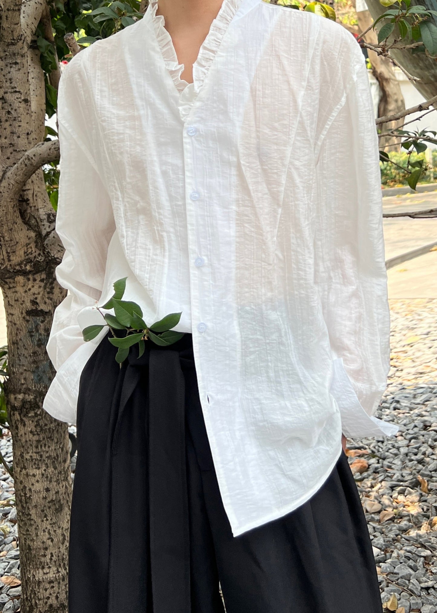 Stylish White Ruffled Button Cotton Men Shirts Fall