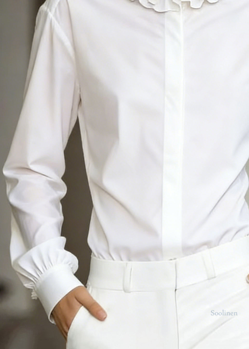 Stylish White Ruffled Button Solid Cotton Shirt Tops Fall