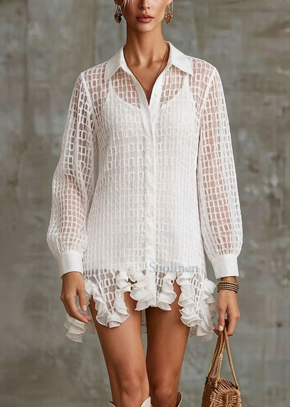 Stylish White Ruffled Hollow Out Tulle Shirt Dress Spring