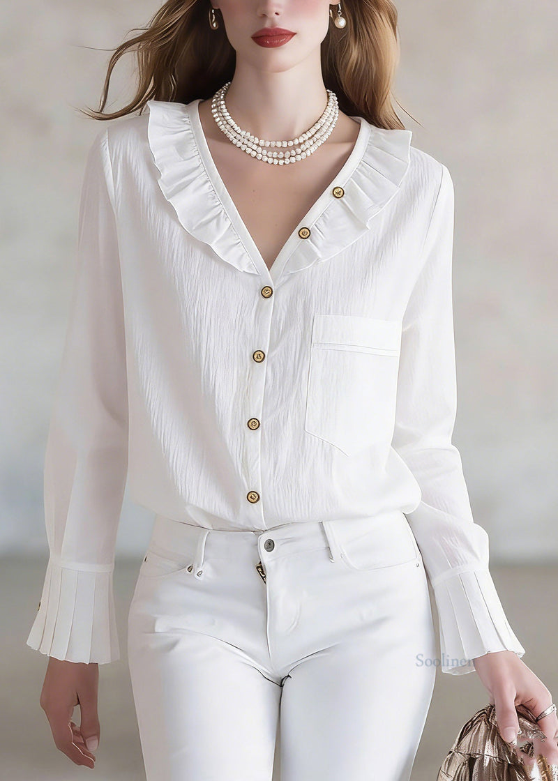 Stylish White Ruffled Patchwork Tops Spring