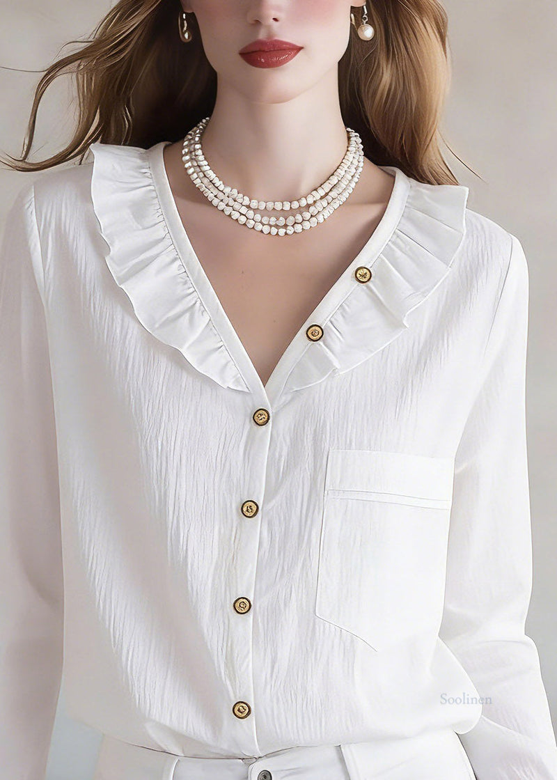 Stylish White Ruffled Patchwork Tops Spring