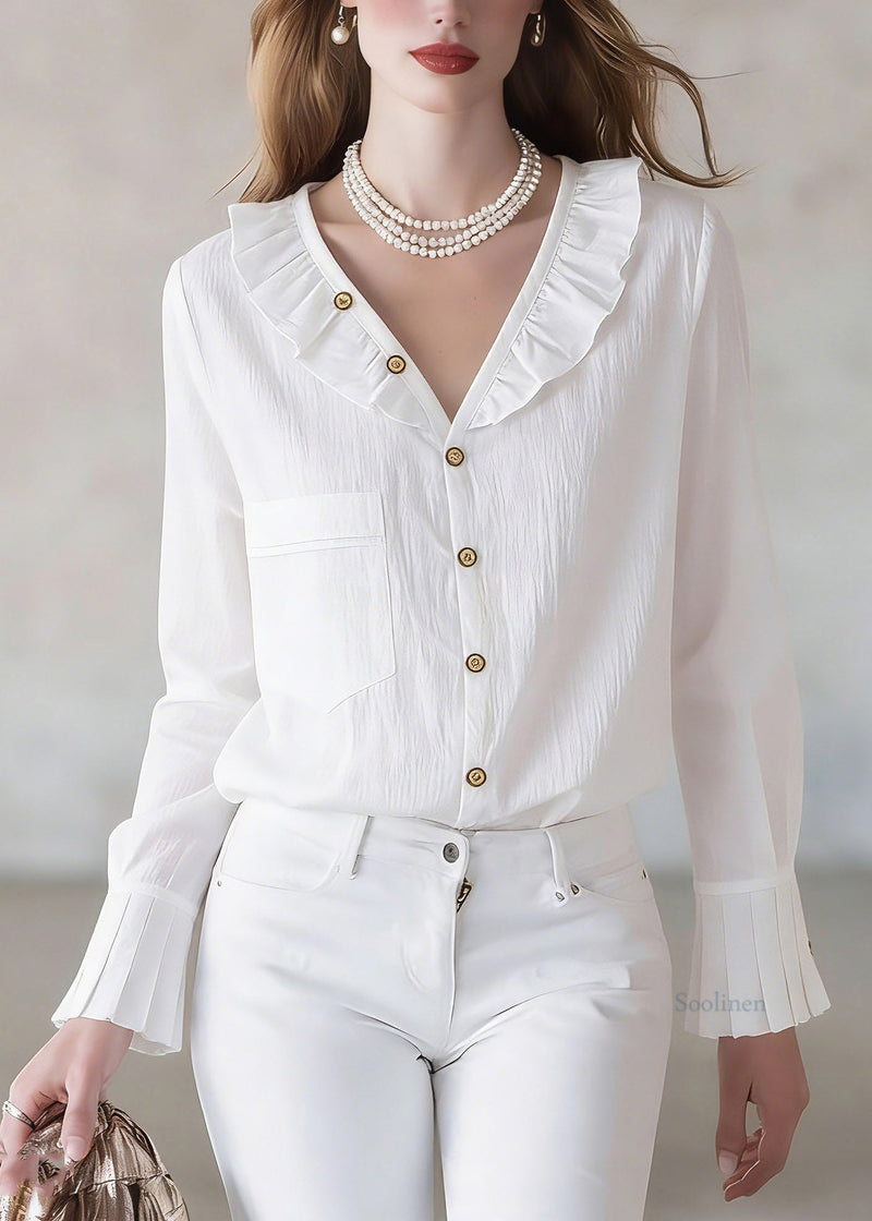 Stylish White Ruffled Patchwork Tops Spring