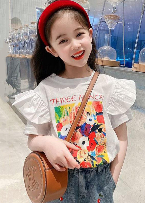 Stylish White Ruffled Print Cotton T Shirt Summer