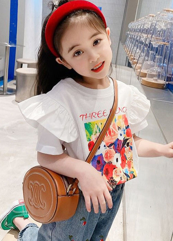 Stylish White Ruffled Print Cotton T Shirt Summer