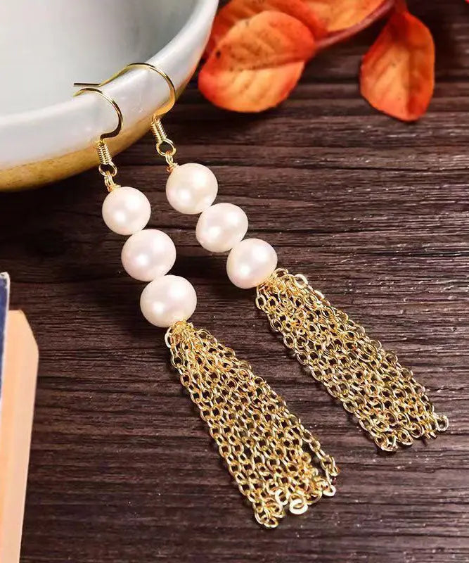 Sterling Silver Overgild Pearl Tassel Drop Earrings