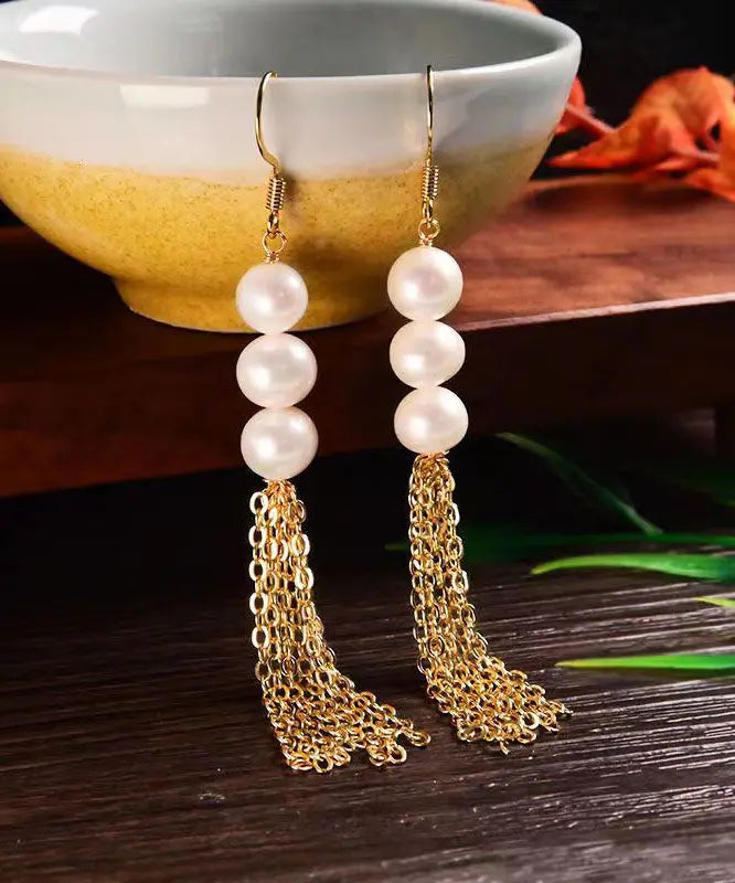 Sterling Silver Overgild Pearl Tassel Drop Earrings