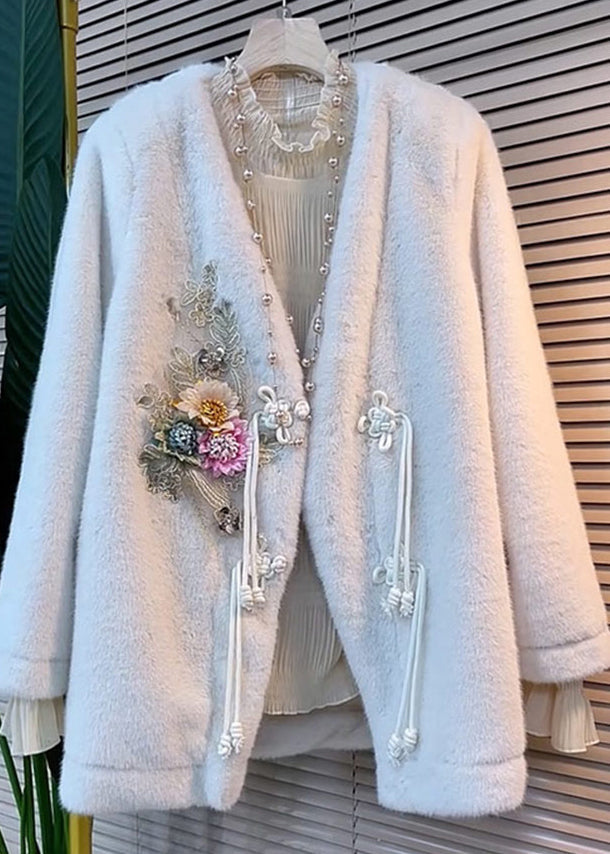Stylish White V Neck Tasseled Decorated Faux Fur Jacket Winter