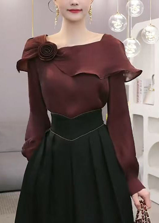 Stylish Wine Red Ruffled Floral Chiffon Blouses Spring