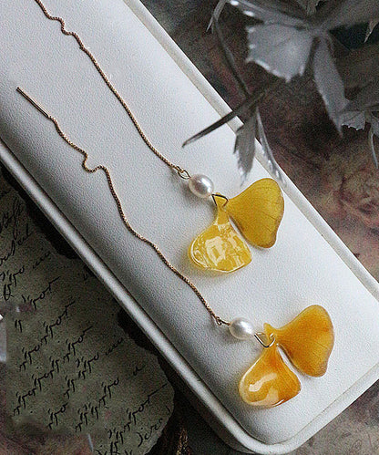Stylish Yellow 14k Gold Pearl Ginkgo Leaf Tassel Drop Earrings Gh1070