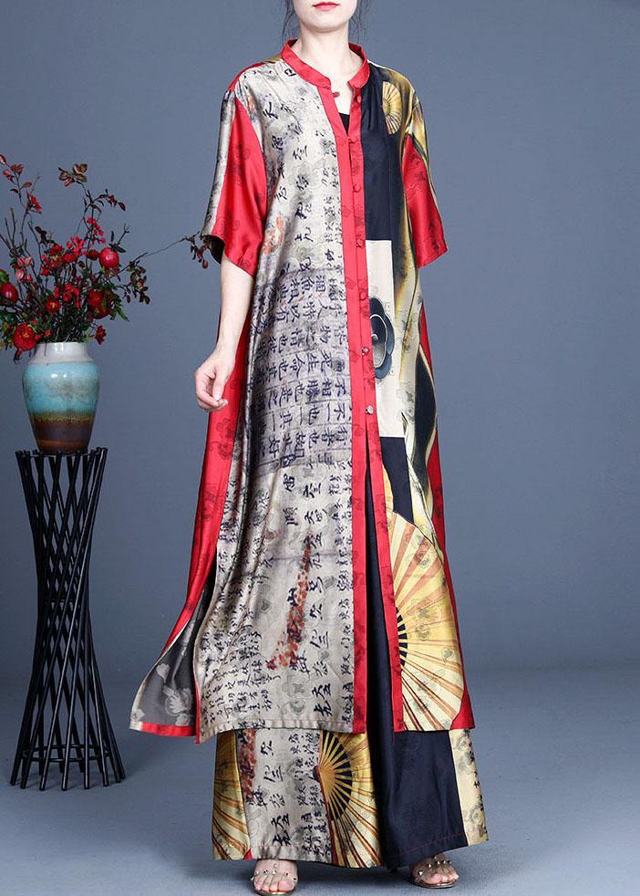 Stylish Yellow Asymmetrical Design Retro Print Summer Long Shirts Two Pieces Set