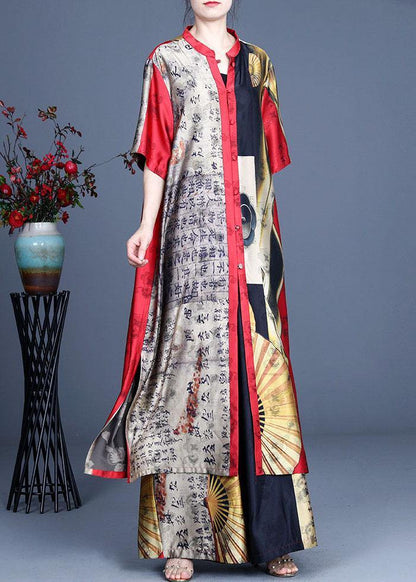 Stylish Yellow Asymmetrical Design Retro Print Summer Long Shirts Two Pieces Set