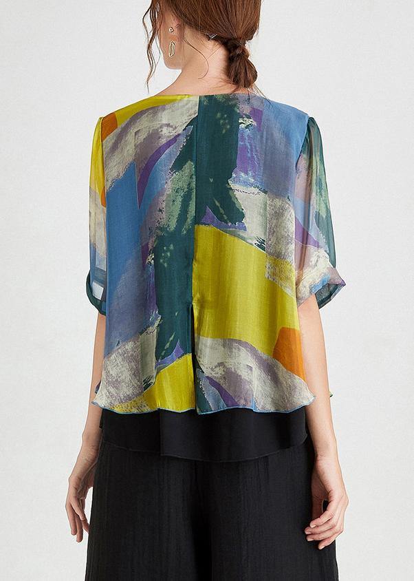 Stylish Yellow Blue Half Sleeve Chiffon Summer Shirt