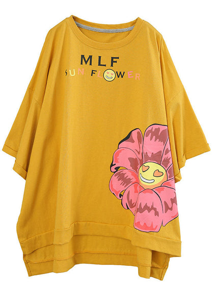 Stylish Yellow Loose O-neck Print Low High Design Fall Tee Half Sleeve