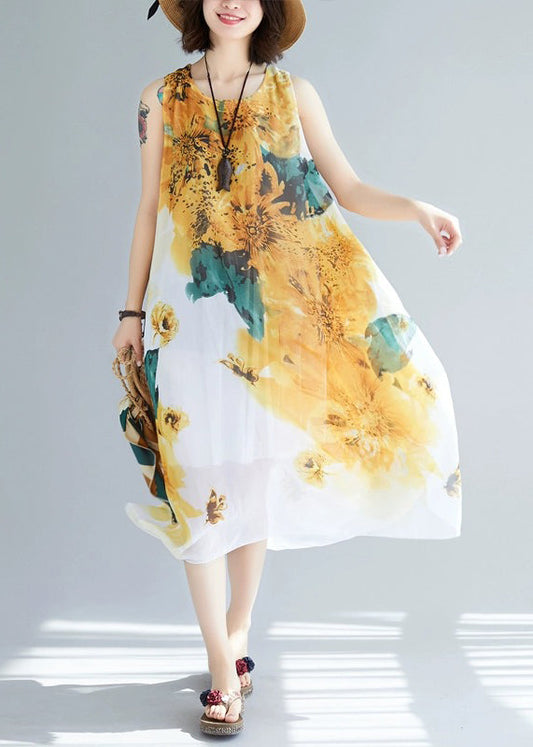 Stylish Yellow O-neck Print Chiffon Dresses Sleeveless