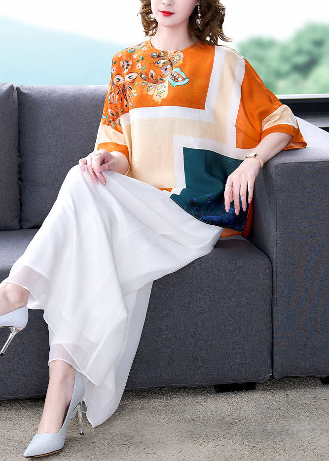 Stylish Yellow O-neck Print Silk Top and Wide Leg Pants Two Pieces Set Summer