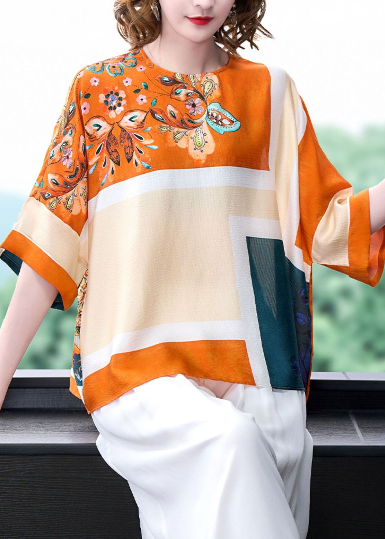 Stylish Yellow O-neck Print Silk Top and Wide Leg Pants Two Pieces Set Summer