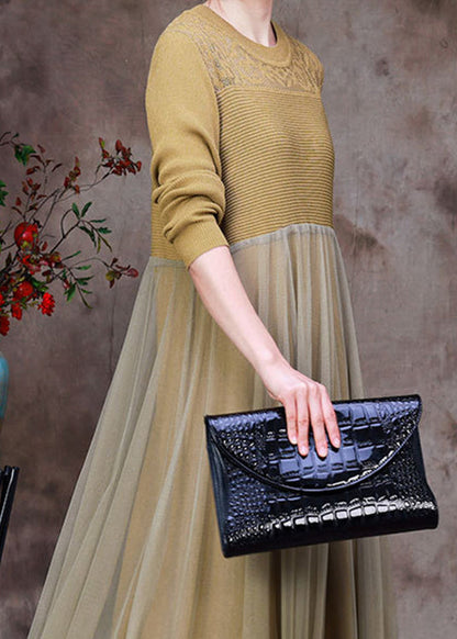 Stylish Yellow O-neck Tulle Patchwork Knit Dress Long Sleeve