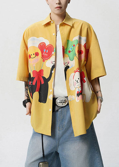 Stylish Yellow Peter Pan Collar Print Button Cotton Shirts Half Sleeve