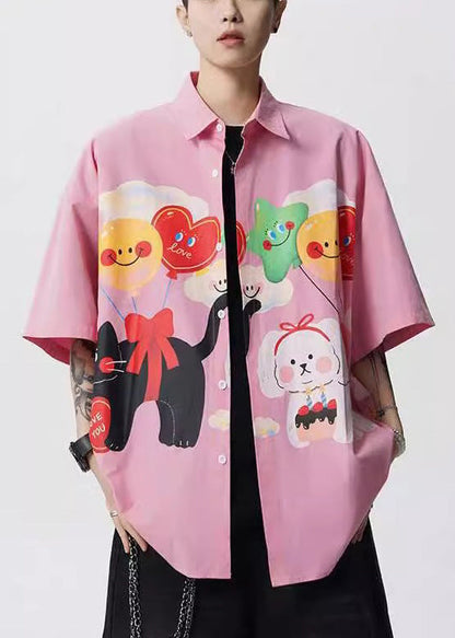 Stylish Yellow Peter Pan Collar Print Button Cotton Shirts Half Sleeve