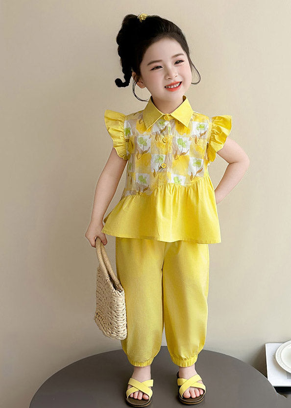 Stylish Yellow Peter Pan Collar Print Top and Crop Pants Two Pieces Set Summer