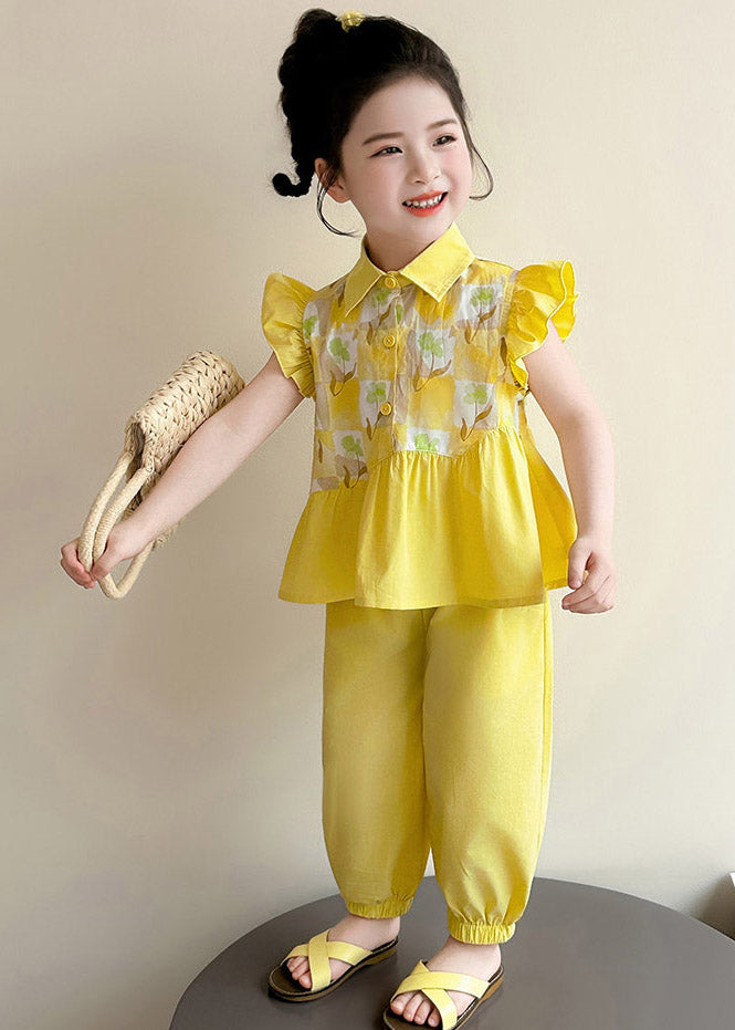 Stylish Yellow Peter Pan Collar Print Top and Crop Pants Two Pieces Set Summer