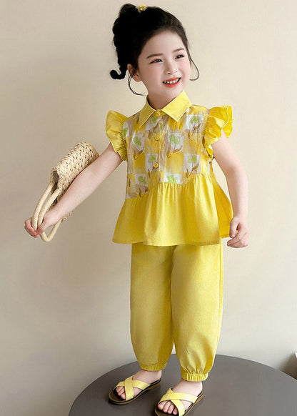 Stylish Yellow Peter Pan Collar Print Top and Crop Pants Two Pieces Set Summer