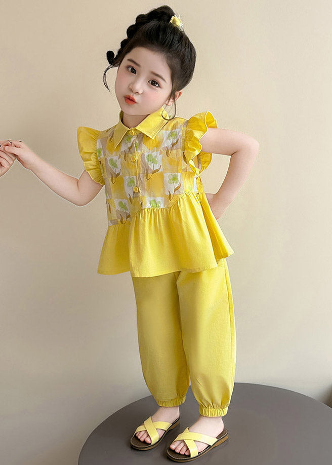 Stylish Yellow Peter Pan Collar Print Top and Crop Pants Two Pieces Set Summer