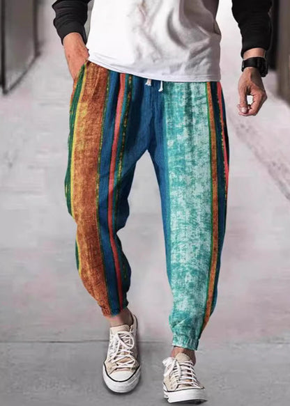 Stylish Yellow Striped Patchwork Cotton Crop Pants Summer