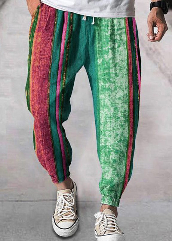 Stylish Yellow Striped Patchwork Cotton Crop Pants Summer