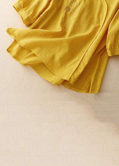 Stylish Yellow V Neck Embroideried Linen Blouses Bracelet Sleeve