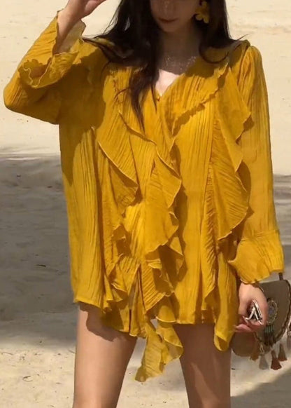 Stylish Yellow V Neck Ruffled Solid Chiffon Shirts Flare Sleeve