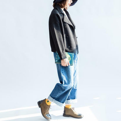 Stylish Black Woolen Coats Double Breast Short Winter Jackets Style