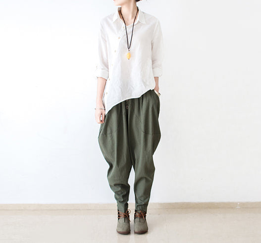 Stylish Tea Green Linen Carrot Pants Oversize Causal Cotton Harem Pants