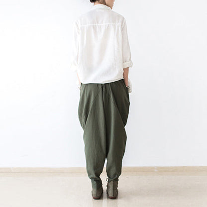 Stylish Tea Green Linen Carrot Pants Oversize Causal Cotton Harem Pants
