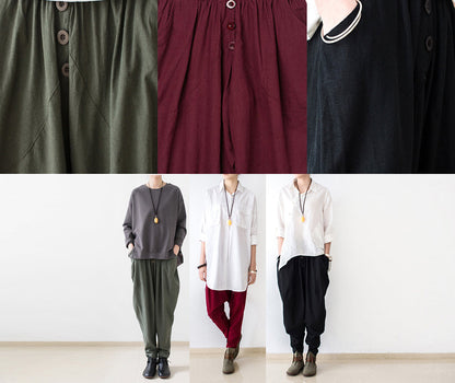 Stylish Tea Green Linen Carrot Pants Oversize Causal Cotton Harem Pants